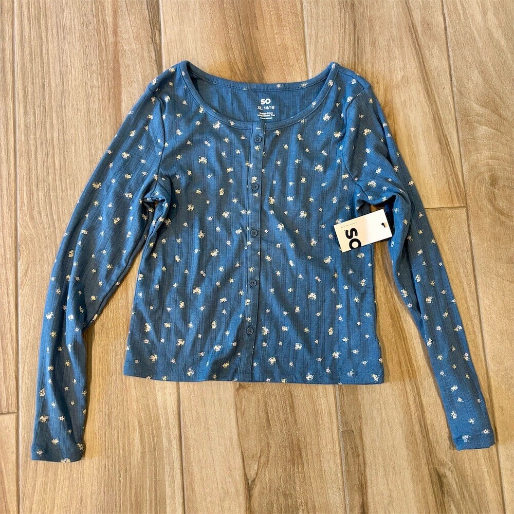 SO Girls T-Shirt XL Blue Ditsy Floral Ribbed Button-Front Long Sleeve Tee